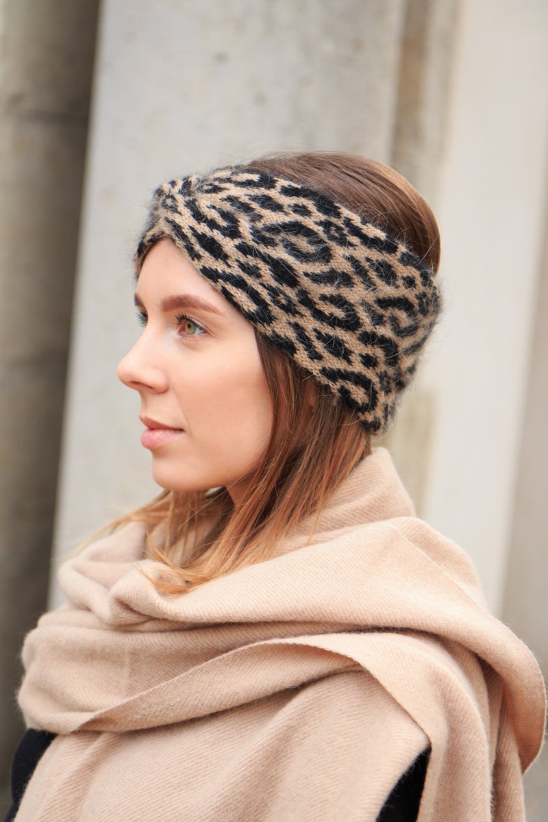 Angora leopard headband. Fluffy knitted head wrap. Twist headband - Headbands - Wool Brown