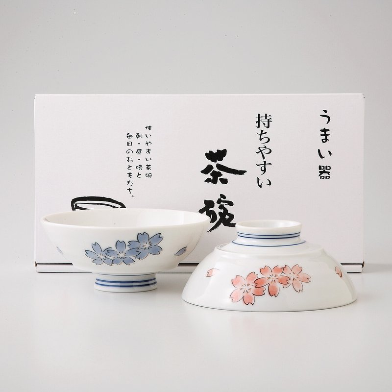 [Christmas gift] Mino-yaki-hand-painted Yoshino cherry tea bowl set gift box (2 pieces) - Bowls - Porcelain White