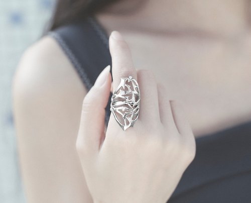 Majade Jewelry Design 鑽石925純銀刺環長戒指 獨特樹枝造型大戒指 金合歡荊棘全指戒