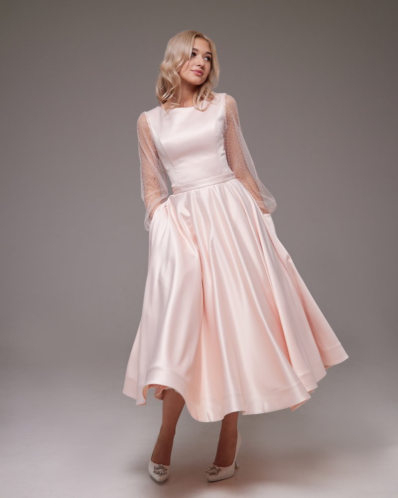 手作りレースのウェディングドレス ブラッシュ、ショート ウェディングドレス、ティーレングス ウェディング ドレス - ドレス - その他の素材 ピンク