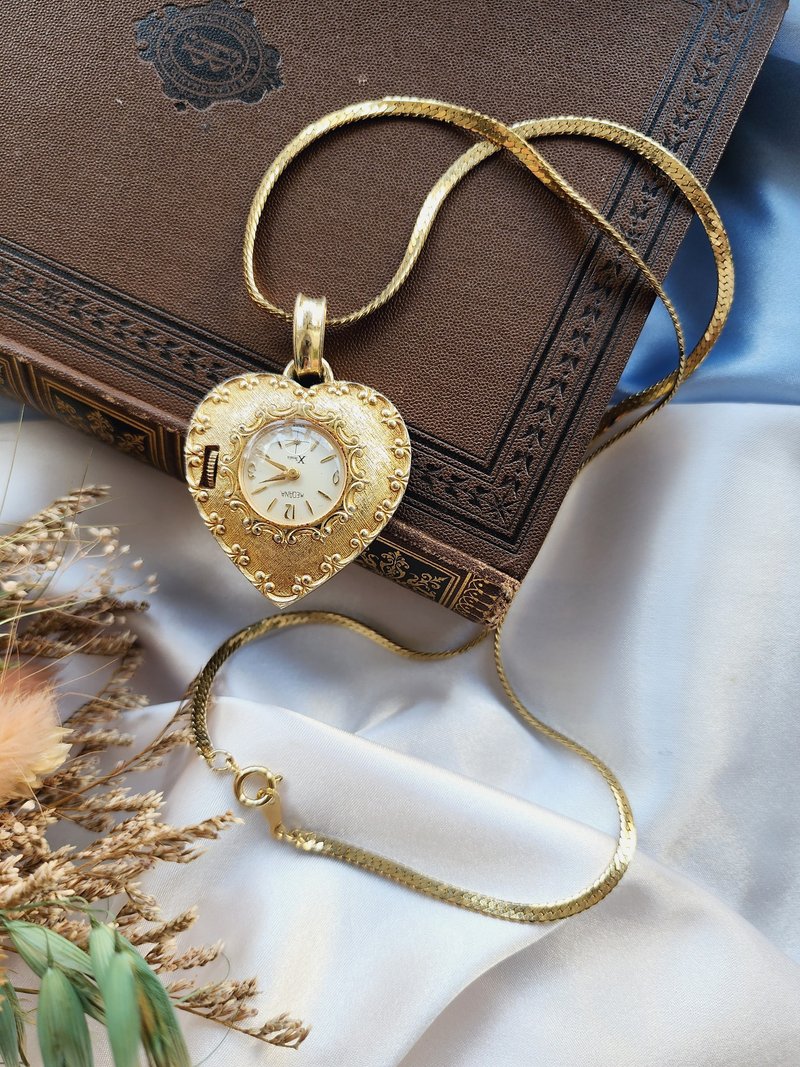 美國西洋古董飾品 /Medana Xtensa心型雕花瑞士手上鍊懷表吊墜鍊 - 女錶 - 其他金屬 