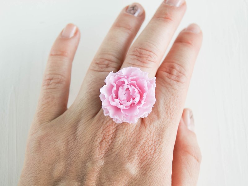 Pink peony adjustable ring for woman, one size ring, polymer clay flower