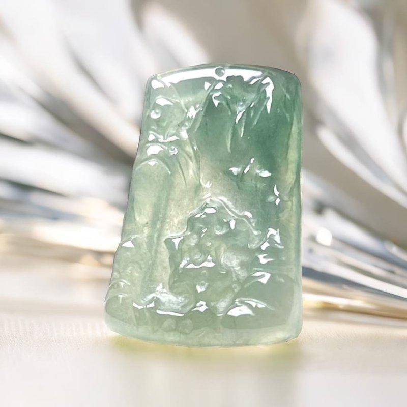 冰種油青翡翠山水牌項鍊 | 天然緬甸玉翡翠A貨 | 送禮 - 項鍊 - 玉石 綠色