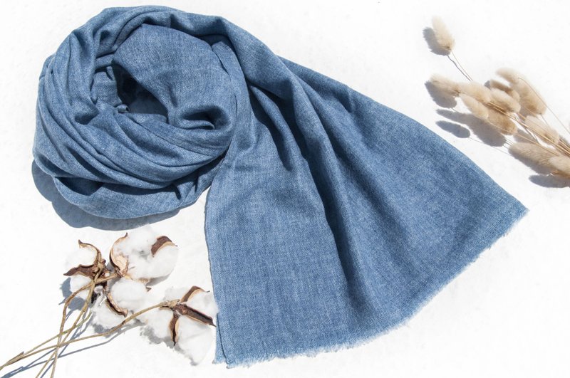 喀什米爾Cashmere/羊絨圍巾/純羊毛圍巾披巾/戒指絨披肩-藍色天空 - 圍巾/披肩 - 羊毛 藍色