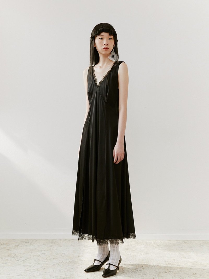 【蕾絲】新中式復古中國風 黑色吊帶/禮服連衣裙 - 洋裝/連身裙 - 絲．絹 黑色
