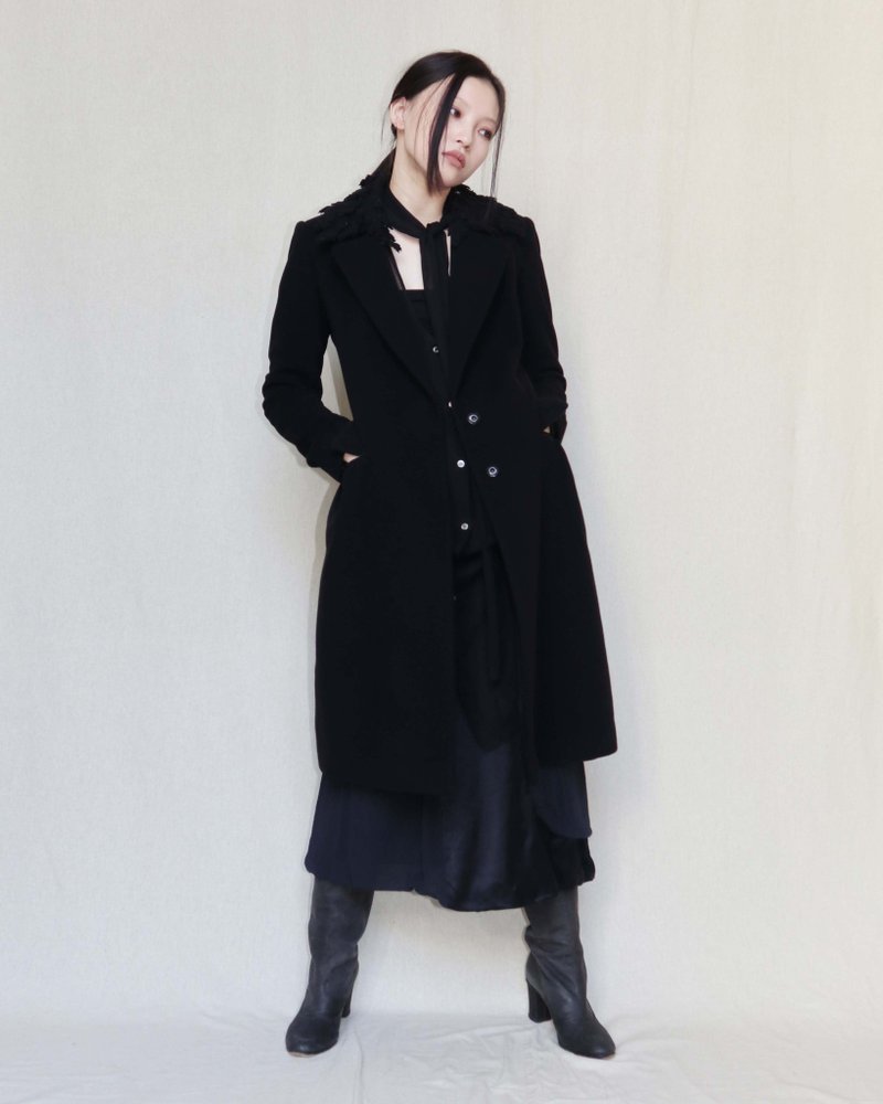 南瓜Vintage。Ermanno Scervino 100% Cashmere 黑色 葉形領 大衣 - 女大衣/外套 - 羊毛 黑色