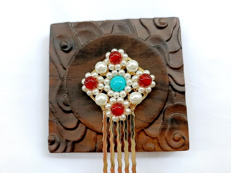 Flower clusters, turquoise pearls, Tang style antique hair combs, hairpins, accessories - Hair Accessories - Other Materials Multicolor