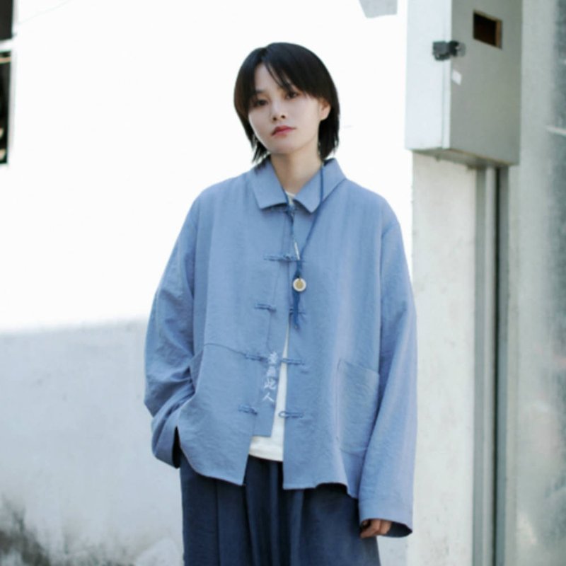Light blue/black national style retro Chinese lapel loose buckle blouse loose style men's and women's jackets - Women's Shirts - Cotton & Hemp Blue