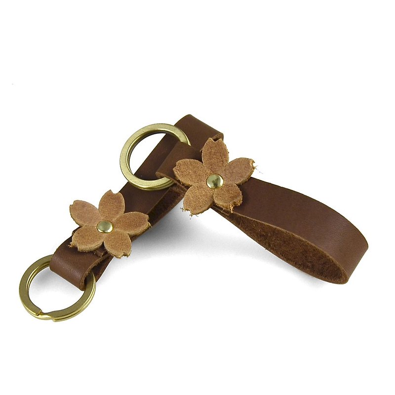 [U6.JP6 Handmade Leather Goods]-Hand-stitched hand-made coffee color cherry blossom key ring leather leather/leather key ring/universal charm - Keychains - Genuine Leather 