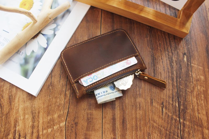 Zipper card holder card holder small wallet wallet coin purse change card holder bank card 18L-106 - กระเป๋าสตางค์ - หนังแท้ สีเทา