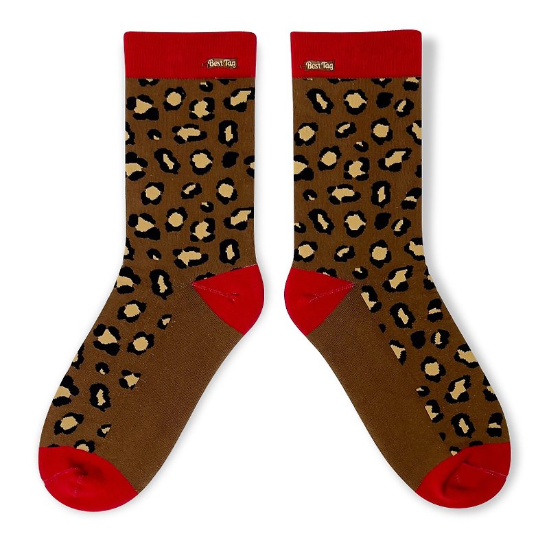 Leopard Brown/Black Socks - ถุงเท้า - ผ้าฝ้าย/ผ้าลินิน สีนำ้ตาล