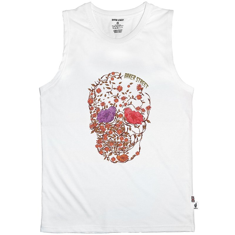 British Fashion Brand -Baker Street- Blossom Skull Printed Tank Top - เสื้อกั๊กผู้ชาย - ผ้าฝ้าย/ผ้าลินิน ขาว