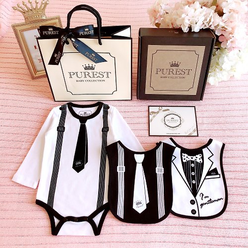 PUREST baby collection 領帶小紳士 長袖 寶寶彌月完美禮盒組 嬰兒 新生兒禮物 滿月送禮