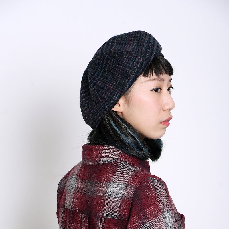 JOJA│ limited / houndstooth / black gray blue / SM adjustable / beret / painter hat - Hats & Caps - Cotton & Hemp Gray