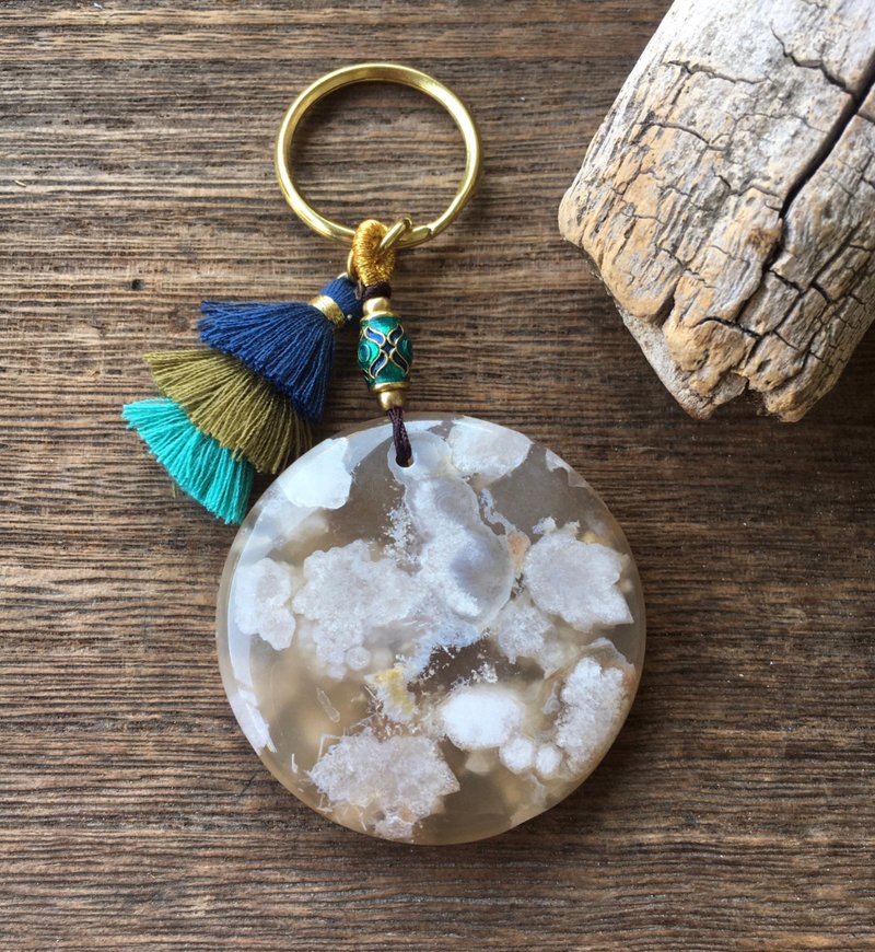 Night Frost Flower / High-quality Sakura Agate Key Ring - Keychains - Gemstone Khaki