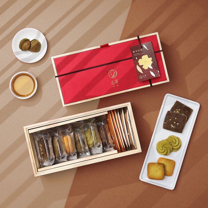 茶點禮盒 | 松木精裝 茶餅x茶葉12入 金箔焙茶餅&包種茶戀人餅 - 手工餅乾 - 新鮮食材 粉紅色
