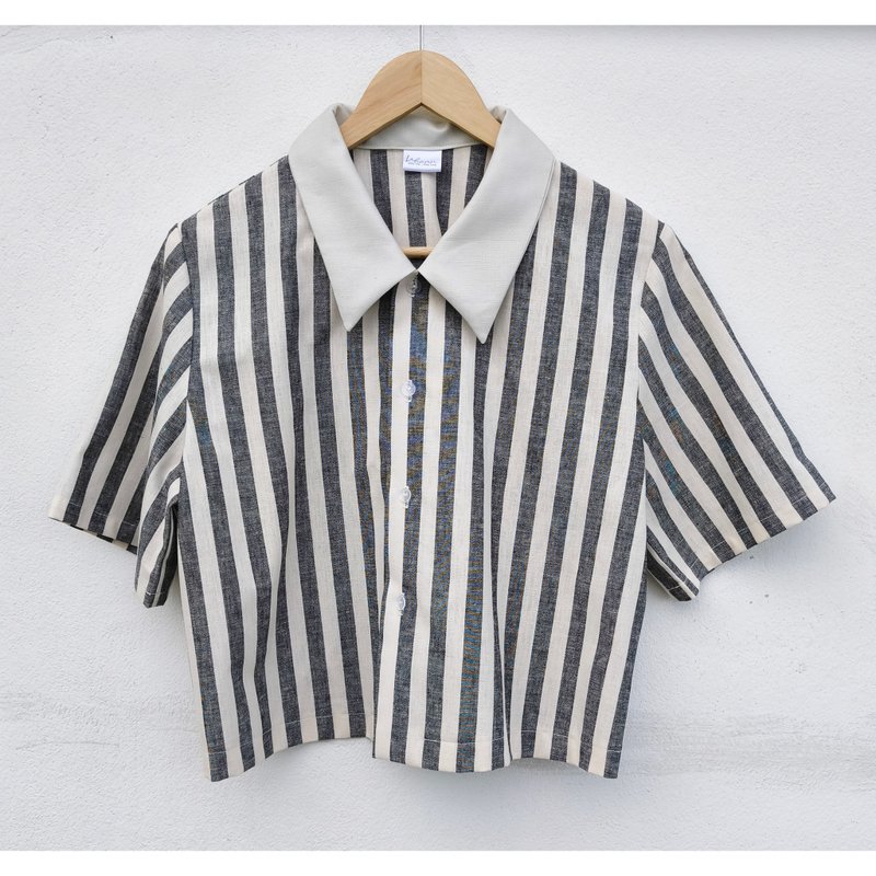 Cotton | Striped crop top shirt - 女襯衫 - 棉．麻 黑色