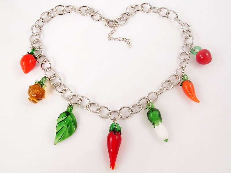 Multicolor Fruits and Vegetables Lampwork Murano Glass Statement Chain Necklace - สร้อยคอ - แก้ว หลากหลายสี