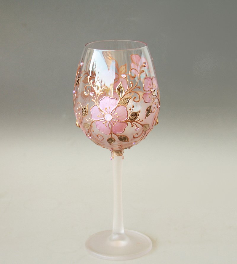 Single Crystal Wine Glass Hand-painted, Rose gold and Blushed Pink Floral design