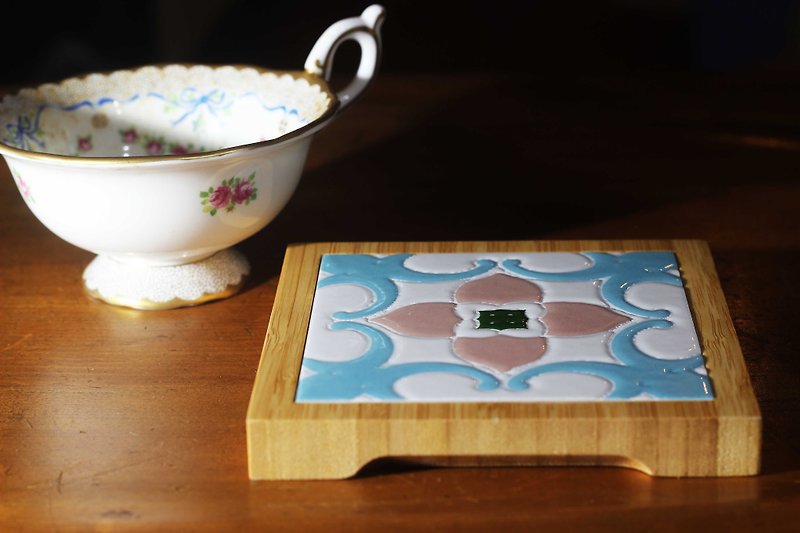 Taiwan Tile Bamboo Coaster---Flower See Lucky - Coasters - Porcelain Blue