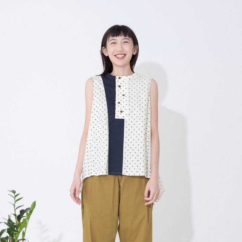 Scattered Polka Dot Color-Blocked Sleeveless Top - Women's Vests - Cotton & Hemp White