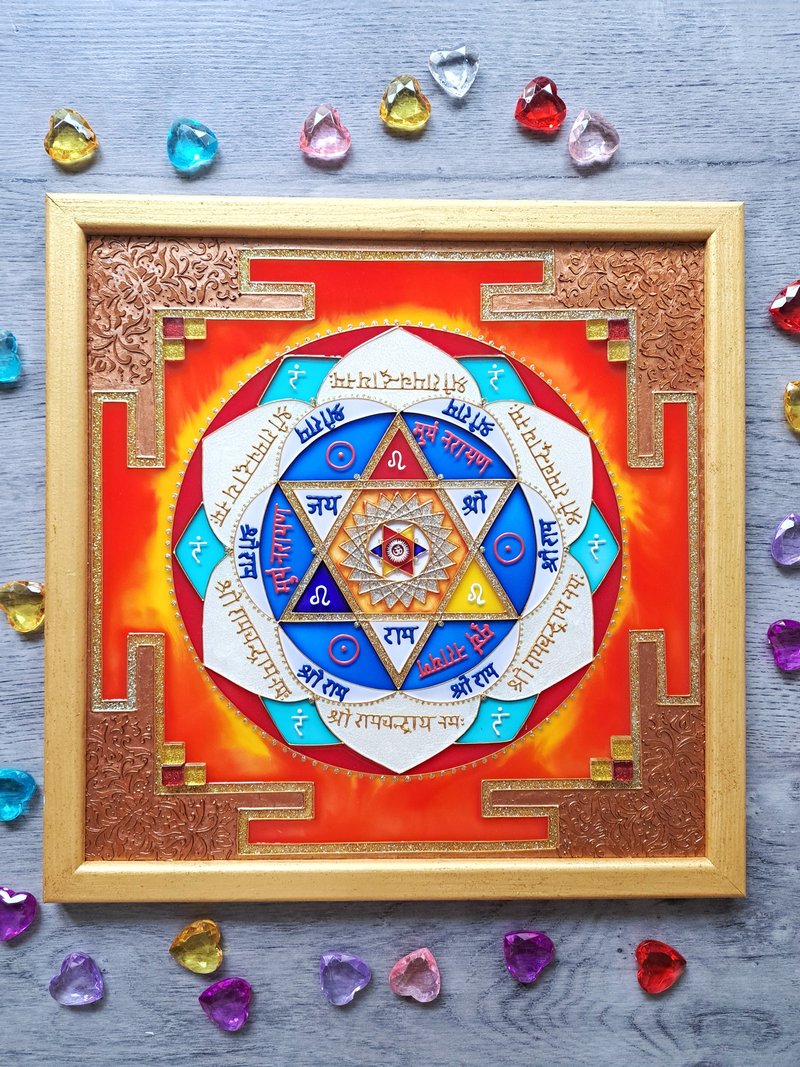 Sun Yantra Surya Mandala wall art瑜伽装饰冥想灵性绘画 - 壁貼/牆壁裝飾 - 玻璃 橘色