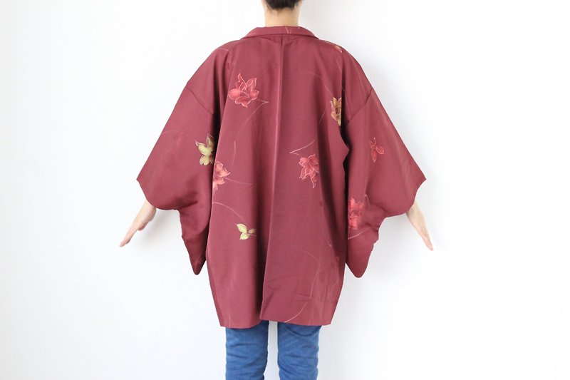 floral kimono, Japanese silk haori, Japanese fabric, kimono jacket /3989 - เสื้อแจ็คเก็ต - ผ้าไหม 