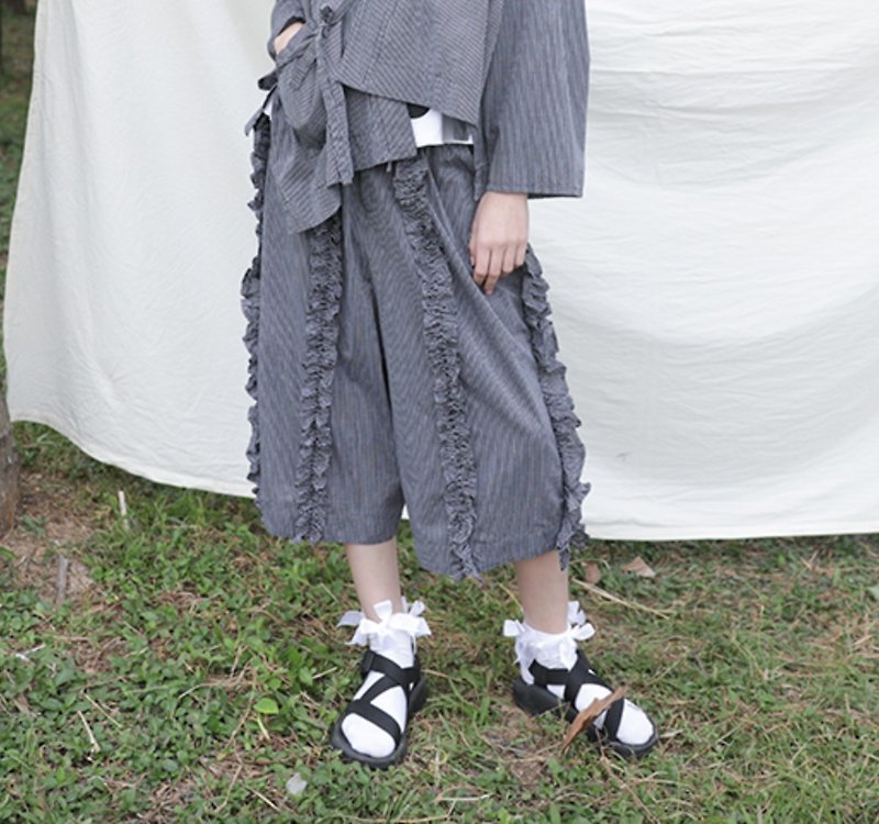 Japanese grey strip spring straight leg pants - imakokoni - Women's Pants - Cotton & Hemp Gray