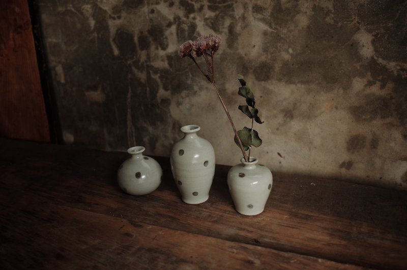 フラワーセットLスモークグリーンシリーズパールドット陶器（3セット） - 花瓶・植木鉢 - 陶器 グリーン