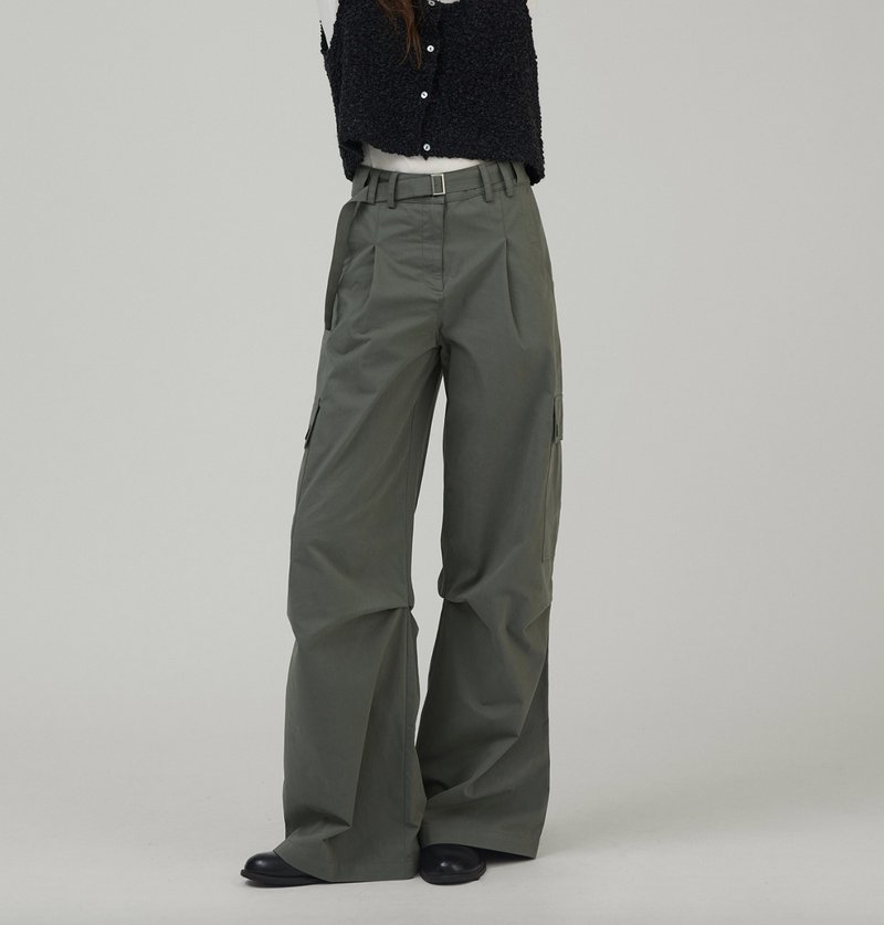 Tomboy boyish twill pleated loose trousers - กางเกงขายาว - วัสดุอื่นๆ สีเขียว