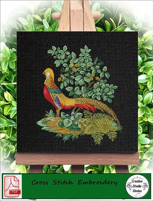 CreativeStudioElenka Vintage Cross Stitch Scheme Pheasant and bush - PDF Embroidery Scheme