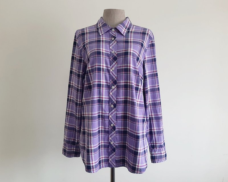 Medium Vintage TALBOTS Purple Plaid Cotton Shirt Womens Long Sleeve Blouse M - 女上衣/長袖上衣 - 棉．麻 紫色