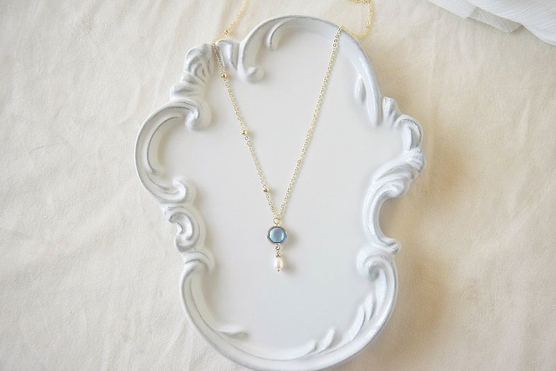 マーメイドの青い鏡 - 14k GPネックレス 淡水真珠 オーシャン 海 エレガント - ネックレス - 真珠 