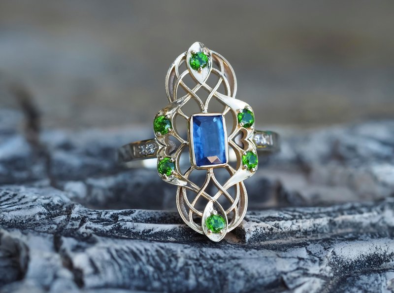 14k gold ring with kyanite, chrome diopside, diamonds - 戒指 - 貴金屬 金色