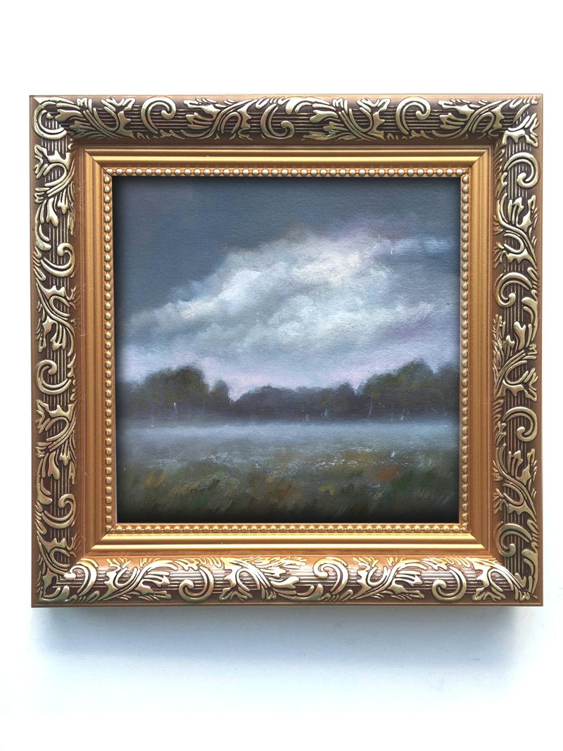 Framed Landscape Original painting antique Moody small art field Wall Art - 壁貼/牆壁裝飾 - 其他材質 綠色