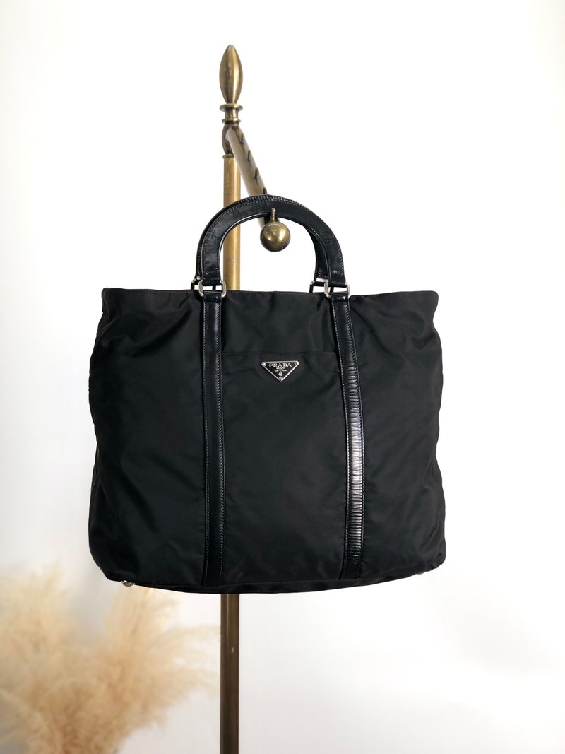 【 日本直送　名牌中古包 】PRADA プラダ トートバッグ ブラック トライアングルロゴ 2way ナイロン vintage ヴィンテージ tdyan3 - 手提包/手提袋 - 尼龍 黑色