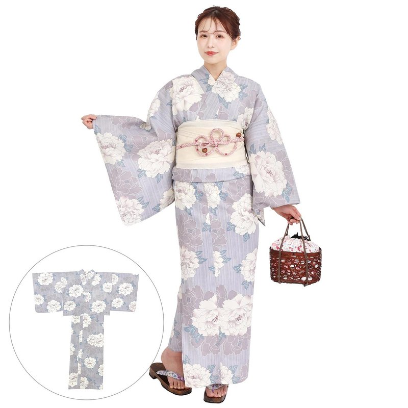 日本 和服 女性 兩件式 浴衣 腰封 套組 F size x23h-16 - 其他 - 棉．麻 紫色