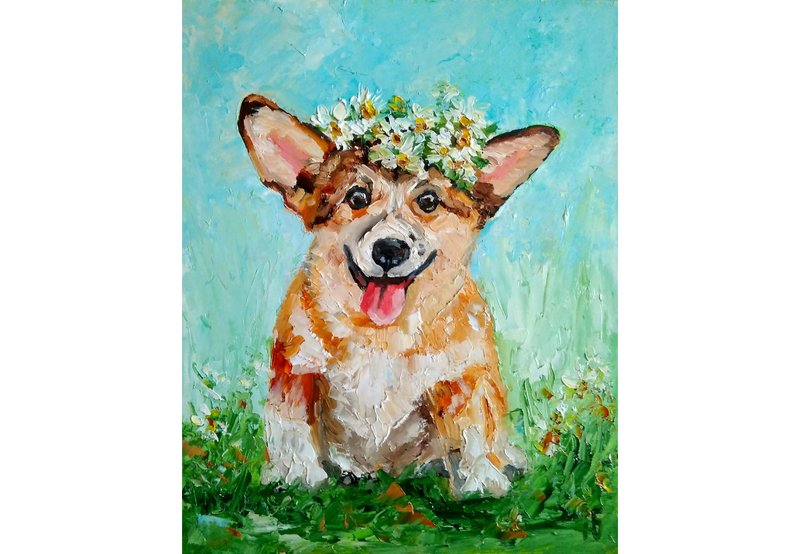 Corgi Dog Original Oil Painting, Funny Pet Portrait, Animalistic Wall Art - 海報/掛畫/掛布 - 其他材質 多色