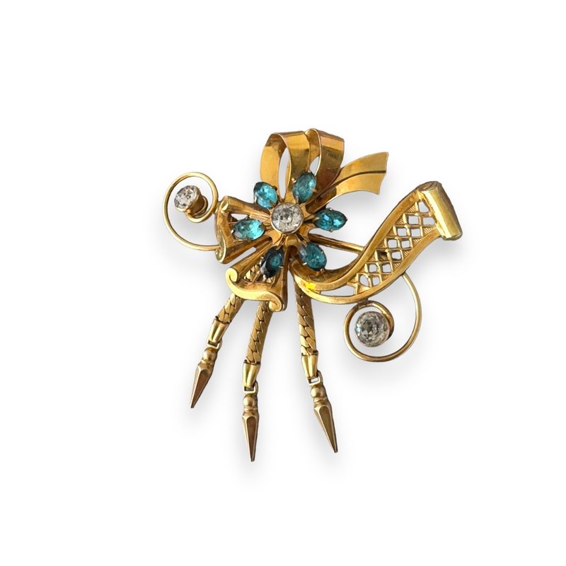 Antique brooch Harry Iskin blue crystal goldfilled bow ribbon flower pin gold - เข็มกลัด - โลหะ สีทอง