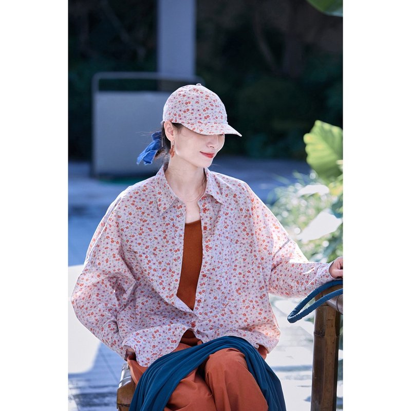 橙粉碎花涼感畫家大襯衫 - 女襯衫 - 棉．麻 