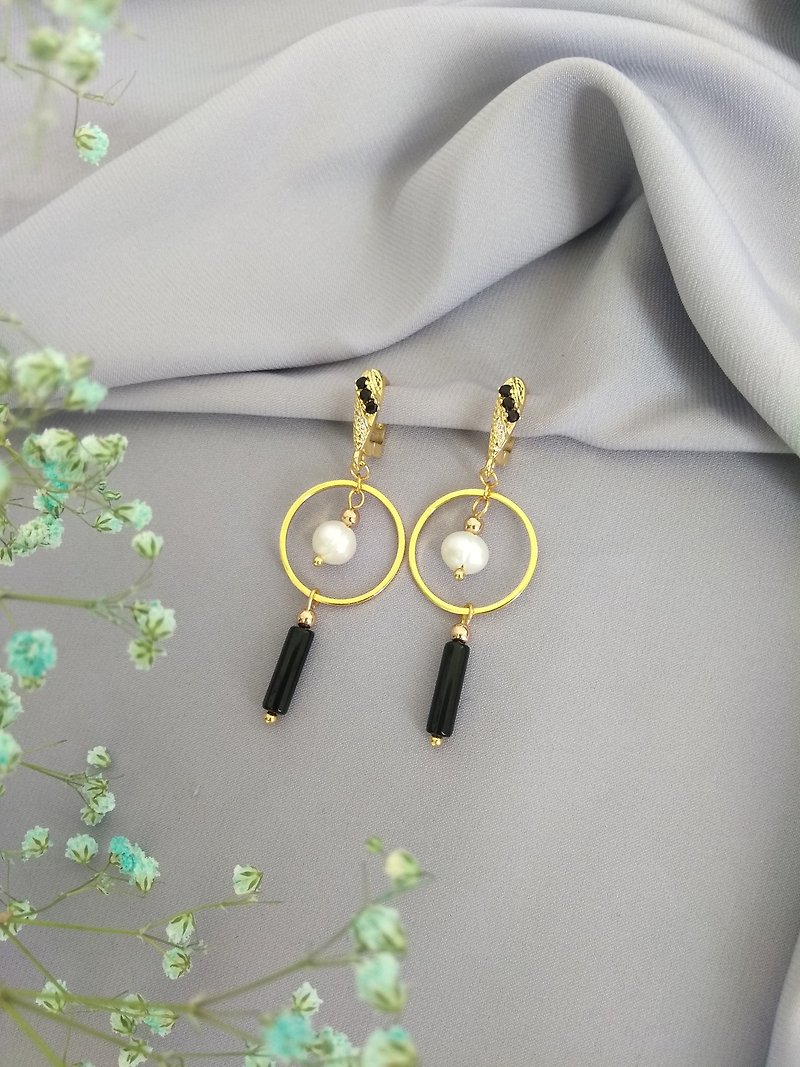 Black onyx and white pearl earrings Geometric earring