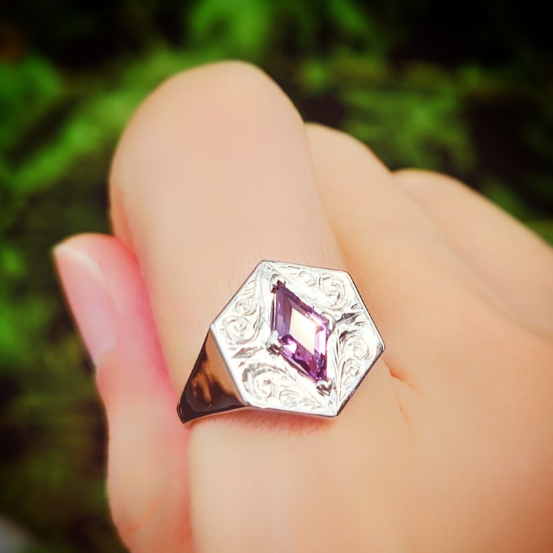人手批花 菱形紫晶 純銀戒指 傳統工藝 - 戒指 - 純銀 紫色
