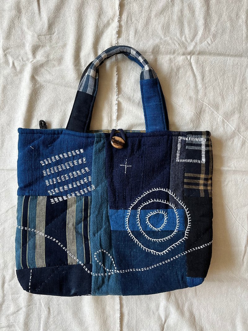 日本古布藍染刺子手提袋 - 手提包/手提袋 - 棉．麻 藍色