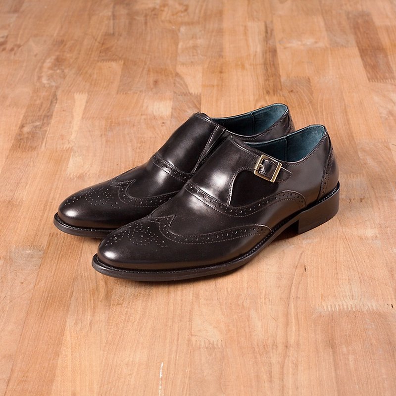 Vanger Gentleman Wing Pattern Single Buckle Monk Shoes-Va255 Black - รองเท้าอ็อกฟอร์ดผู้ชาย - หนังแท้ สีดำ