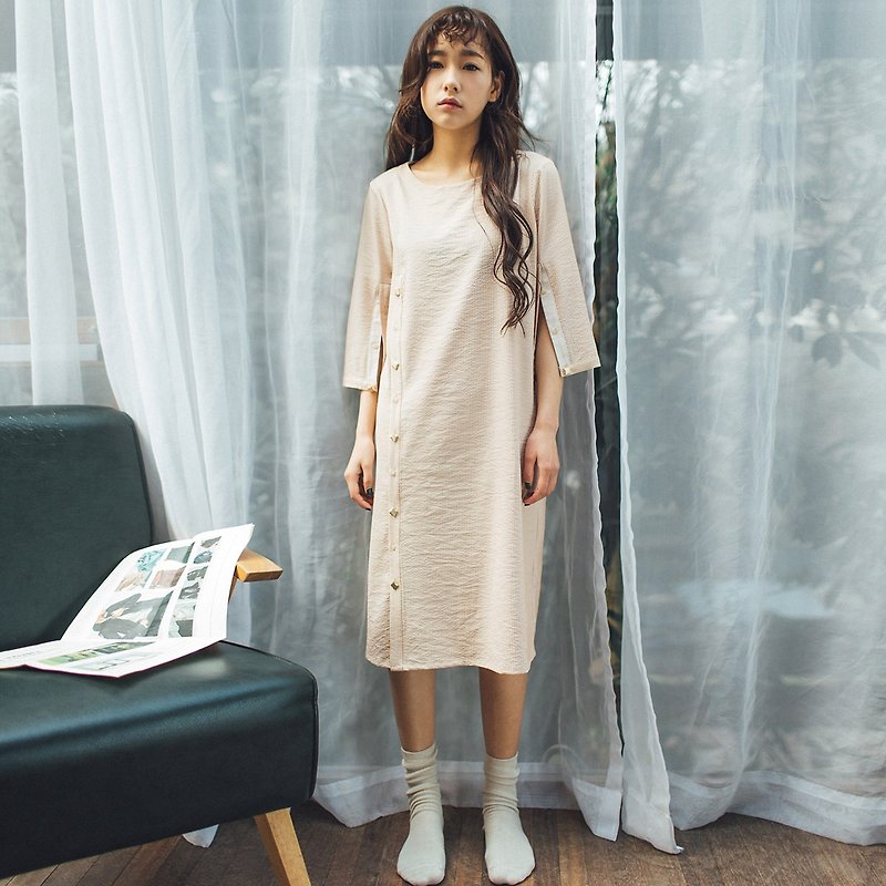 陳庭妮2017年春新しい女性のドレスの薄いストリップ縦縞スリーブドレス - ワンピース - コットン・麻 イエロー