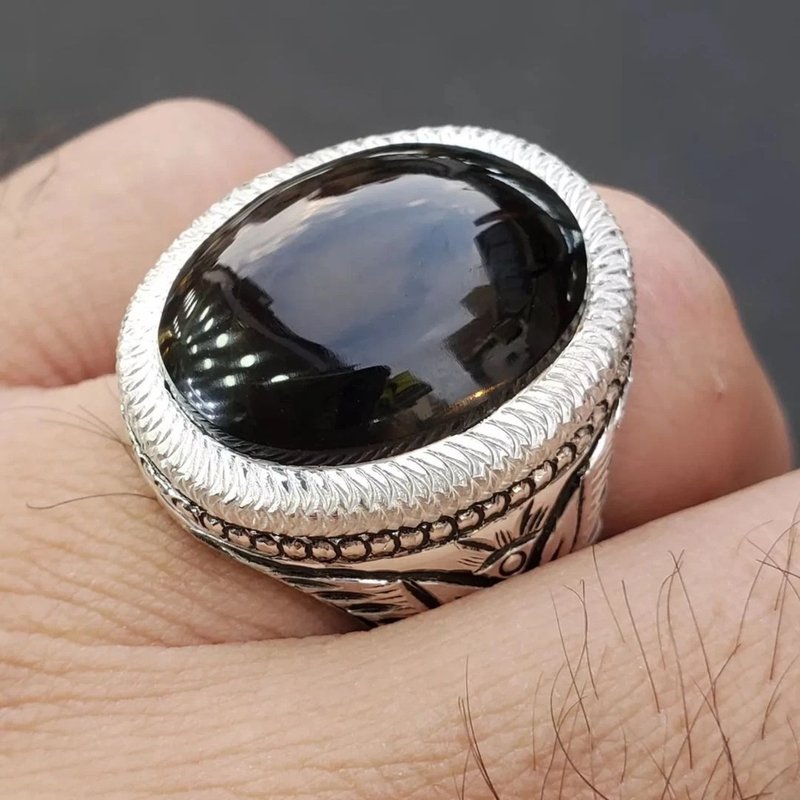 Mens Aqeeq Ring natural Agate Ring for Men Shifat Al Abad real Yemeni Aqeeq Ring - 戒指 - 寶石 黑色