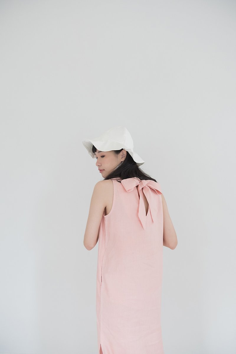 Soft Pink Big Bow Linen Dress - 洋裝/連身裙 - 亞麻 粉紅色