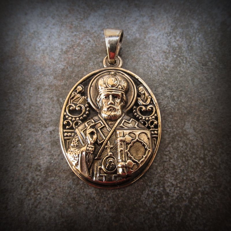 Saint Nicholas bronze Necklace pendant,st Nicholas day gift,st nicholas charm - Charms - Copper & Brass Gold