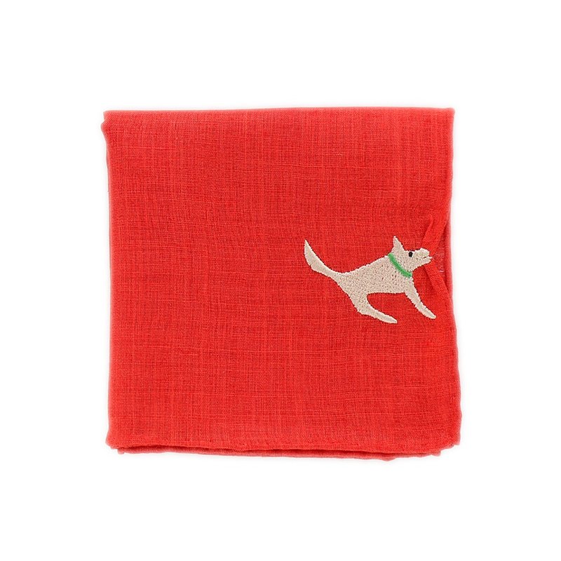 HIKKOMI 犬　レッド　ハンカチ　41×41cm　綿50% 麻50%　日本製　ギフト - 手帕 - 棉．麻 紅色