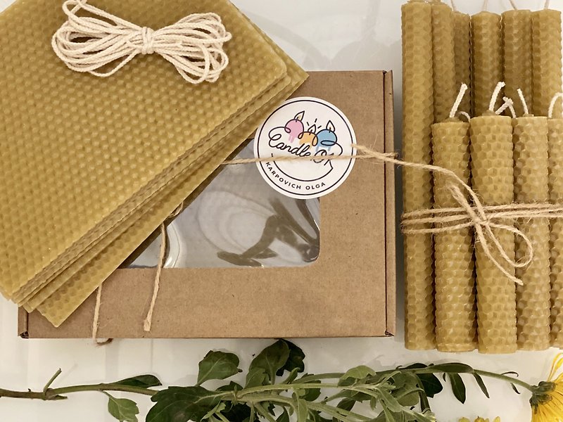 Natural beeswax candle making kit, organic gift set for hygge decor lovers - 香氛蠟燭/燭台 - 蠟 黃色